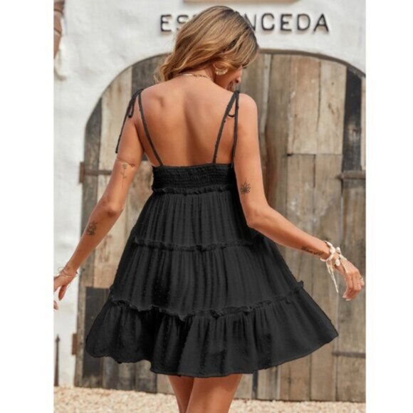 Babydoll Black Summer Mini Dress Flared - Picture 2 of 6